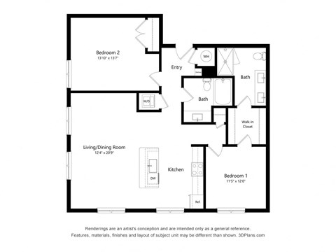 Floor plan for 2 beds, 2 baths, 1170 sqft